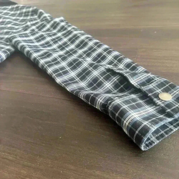 A.P.C. Navy Blue Plaid Button-Up Shirt Jacket with Corduroy Collar - Small - Picture 9 of 9